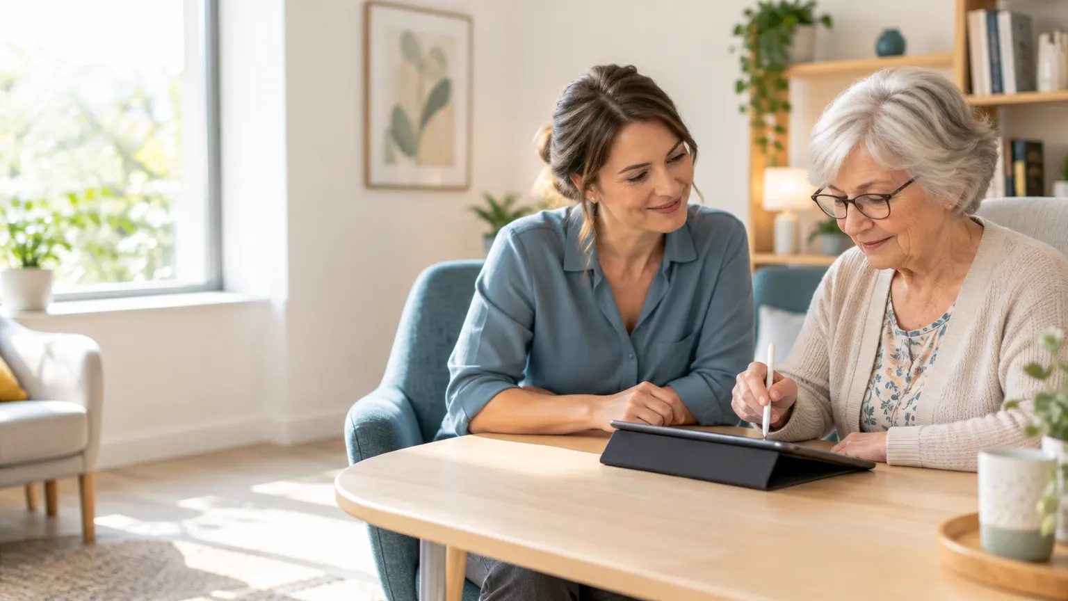 Une soignante et une patiente assises face à face, la patiente écrit sur une tablette posée sur la table.