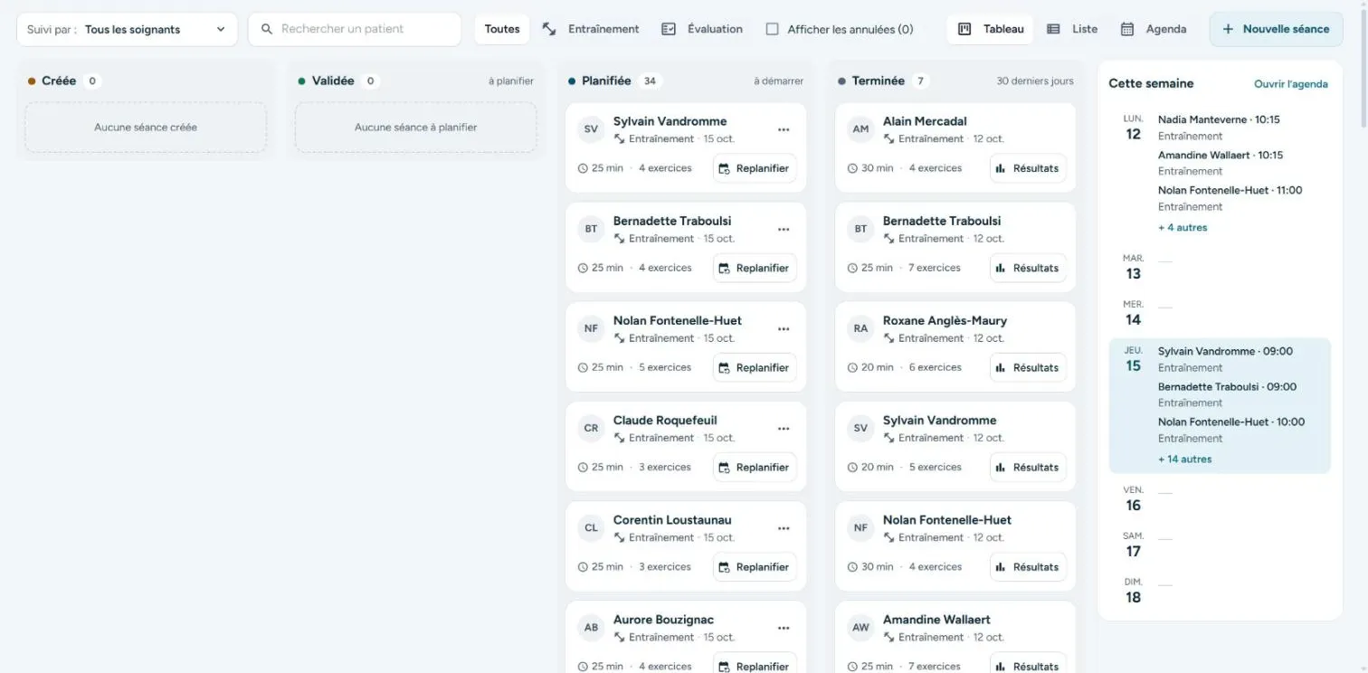 Capture de l’application : le tableau de bord range les séances du service par statut, à côté de l’agenda de la semaine.