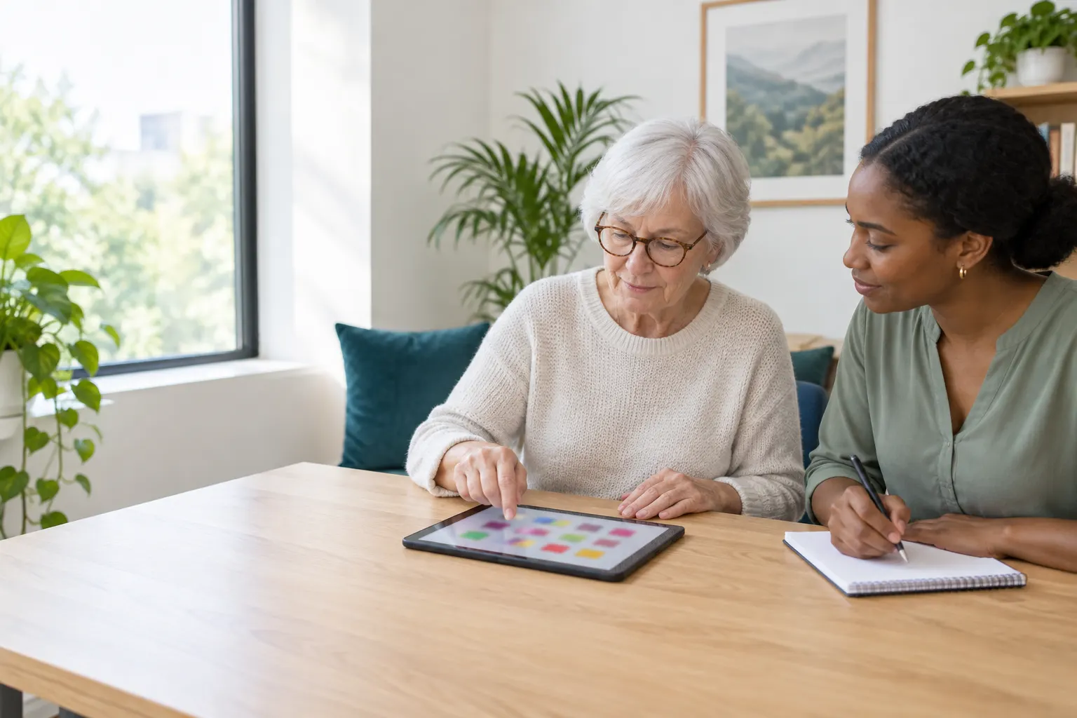 Une ergothérapeute prend des notes pendant qu’une patiente réalise un exercice sur tablette, dans un cabinet lumineux.
