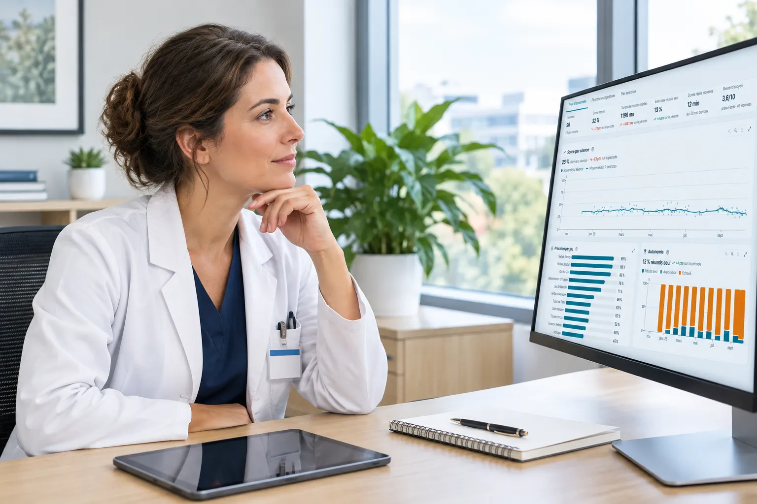 Une clinicienne en blouse consulte sur un grand écran les courbes de progression d’un patient.